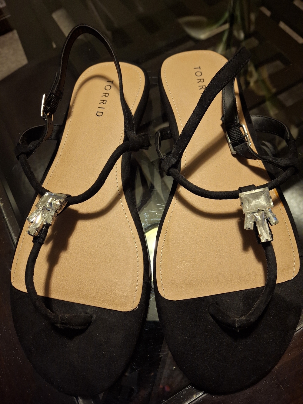 torrid Black Jeweled T-Strap Sandals with Tan Footbed